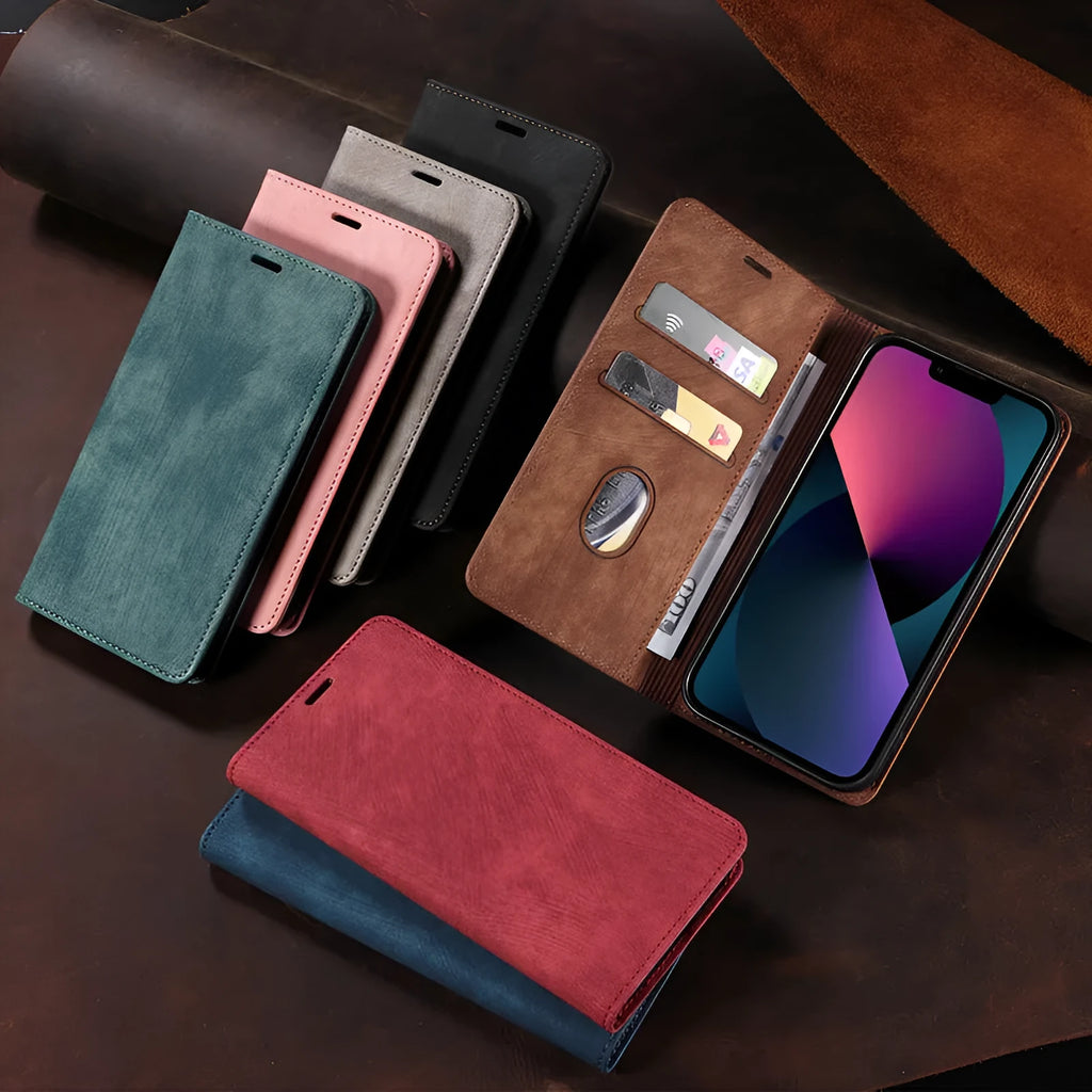 Magnetic flip phone case in a choice of colours for compatible iPhone models.