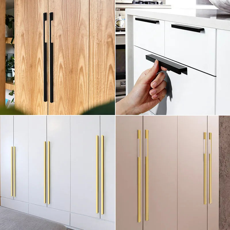 Gold aluminium T-shape cabinet door handle showing three hole distance options