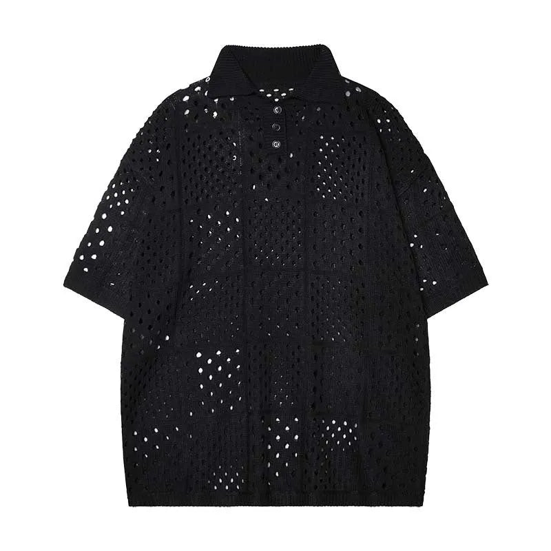 Solid colour loose-fit short-sleeved polo shirt with a hollow-knit design on a hanger.