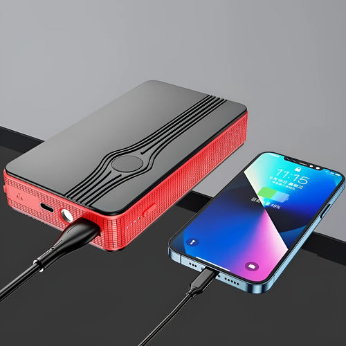 Red K4-E car jump starter and power bank showing its compact size and USB port.