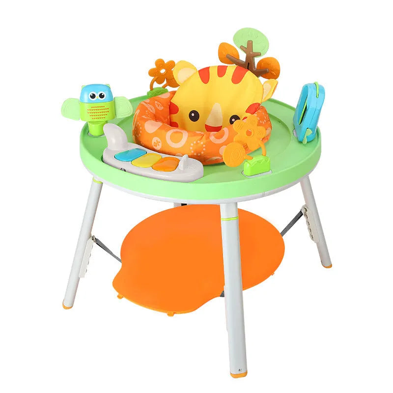 Plastic baby jumping chair with overhead gymnastics rack and toy attachments in Yaya duck design