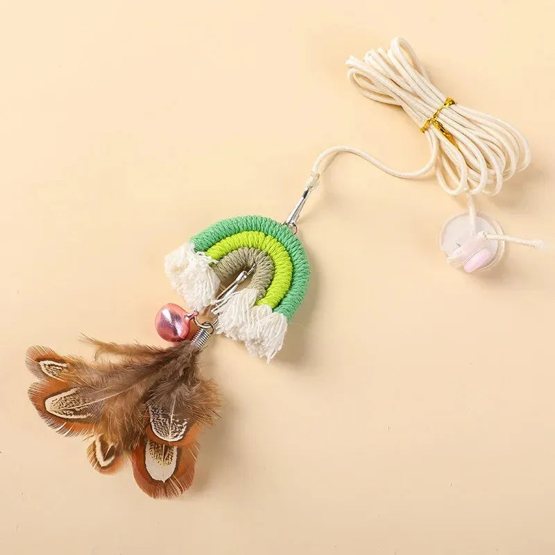 Feather cat rope toy with elastic door swing and sticky buckle clamp in blue colour