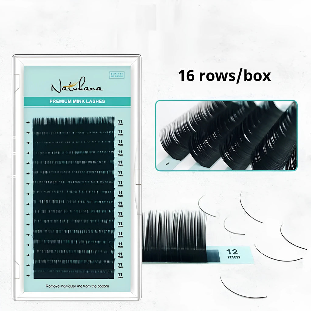 Soft velvet false eyelashes in artificial fibre showing length options from 7mm to 15mm