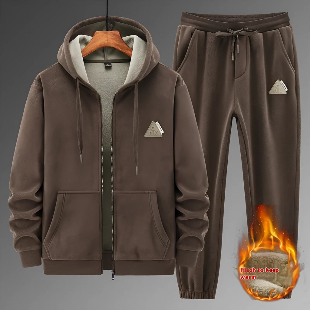 Grey cashmere hooded sweater and cotton pants sports suit set on a hanger