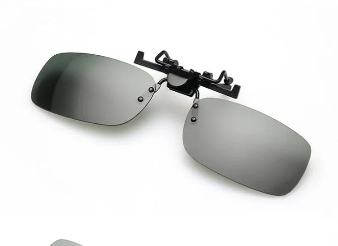 PC clip-on sunglasses for prescription glasses in large and small sizes with dark green, grey, and night vision tint lenses