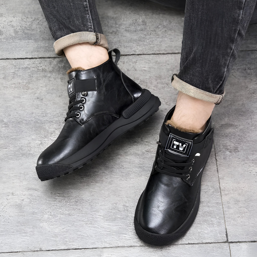 Black Martin platform boots with velvet-style artificial PU upper and rubber sole