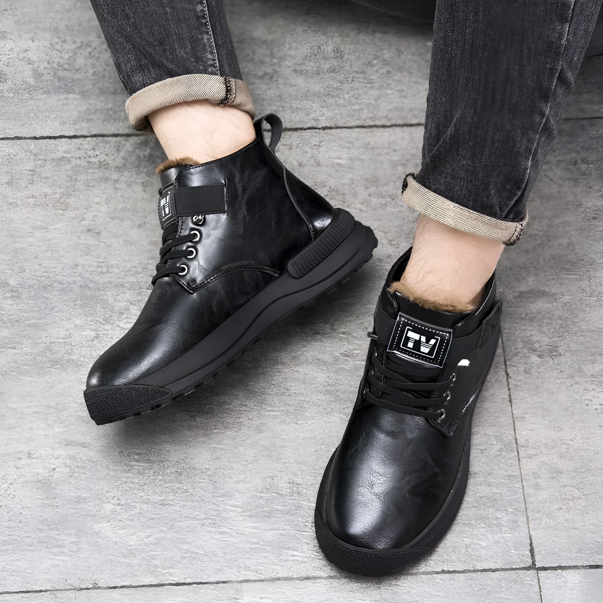 Black Martin platform boots with velvet-style artificial PU upper and rubber sole