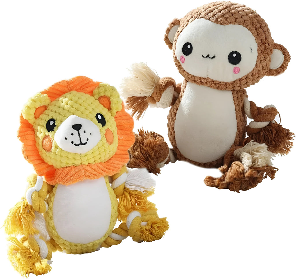 Lion and monkey stuffed squeaky dog toys plush bundle for medium large dogs