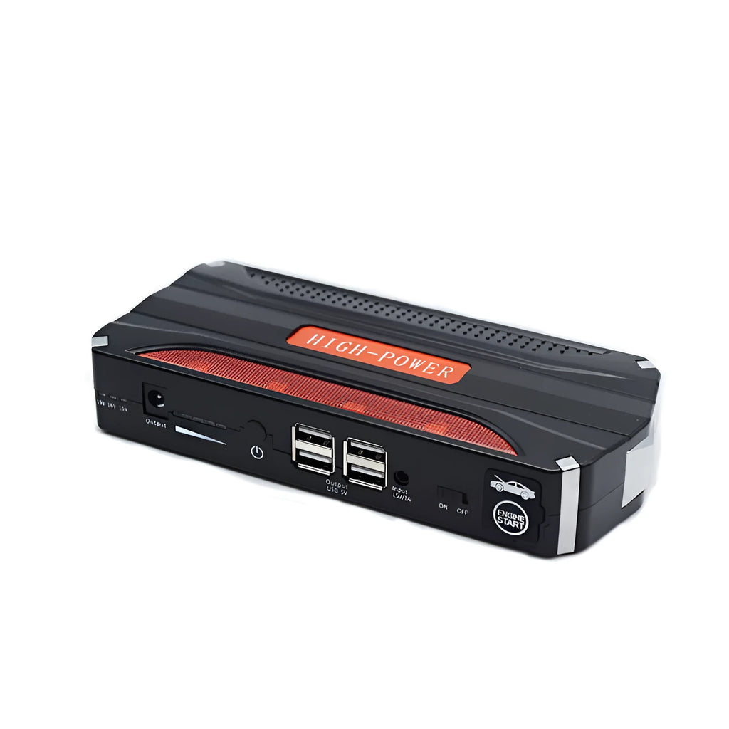 Black and red 12V vehicle emergency starting power supply with 7800mAh capacity for car jump starting