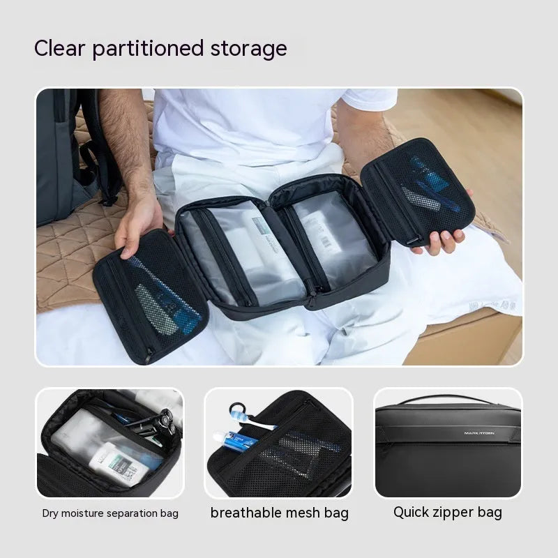 Men's portable Oxford cloth toiletries storage bag with wet and dry separation compartments.
