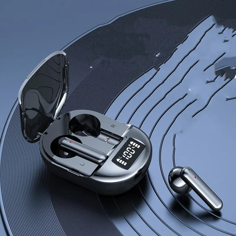 Black and white wireless Bluetooth in-ear headset with charging case showing digital display