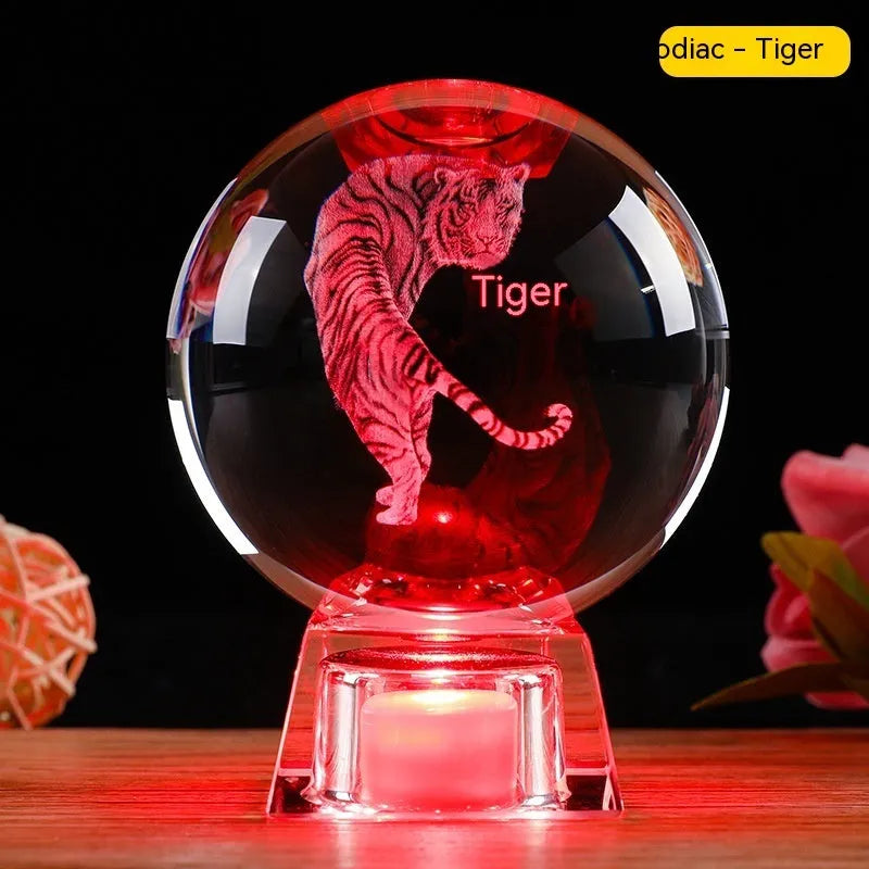 White crystal ball zodiac lamp with Chinese style design and electronic base showing zodiac symbol