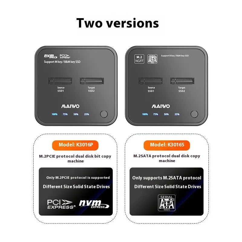 MAIWO K3016 M.2 SSD hard disk docking station with data cables and power adapter on a table.
