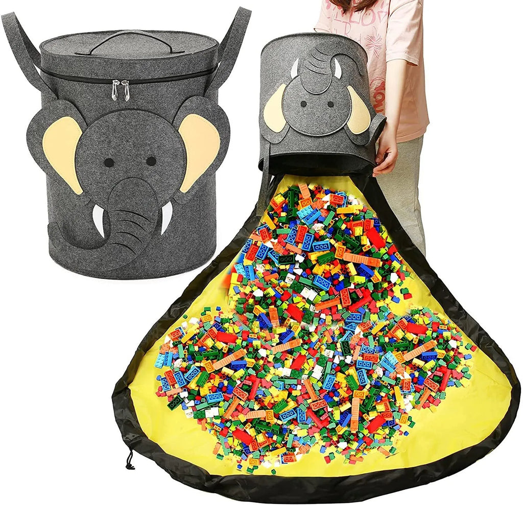 Green felt cube storage bag with pull rope that converts into a flat play mat for toys.