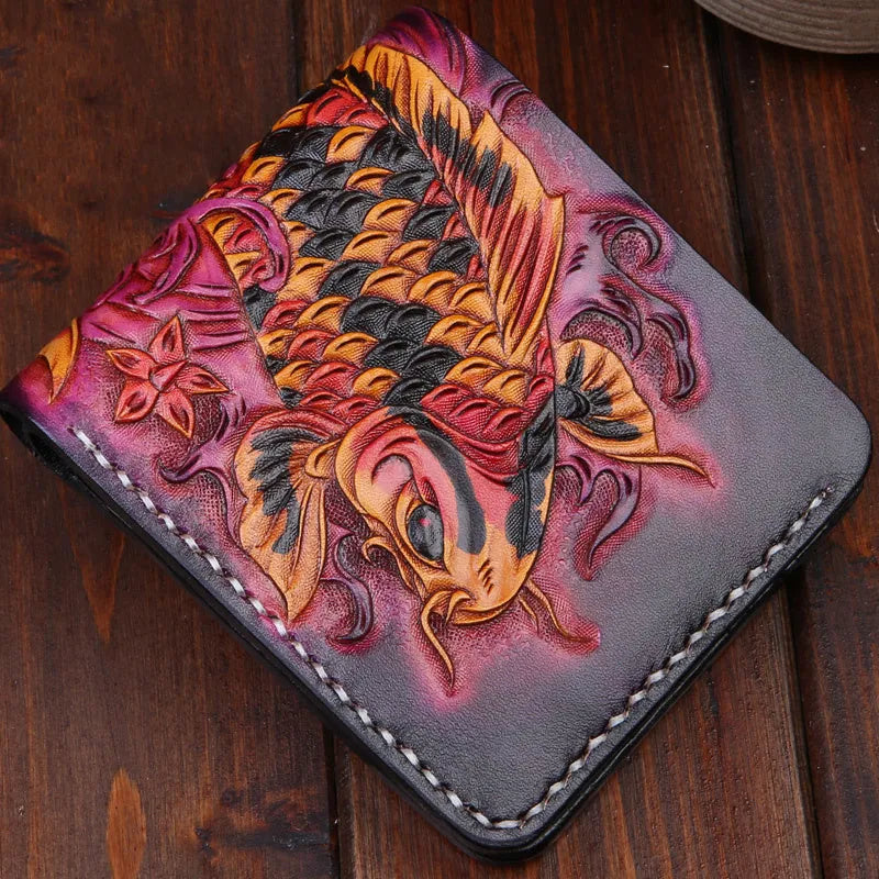 Men's manually carved cow leather wallet in red, shown open with no closure, next to blue and gold options.