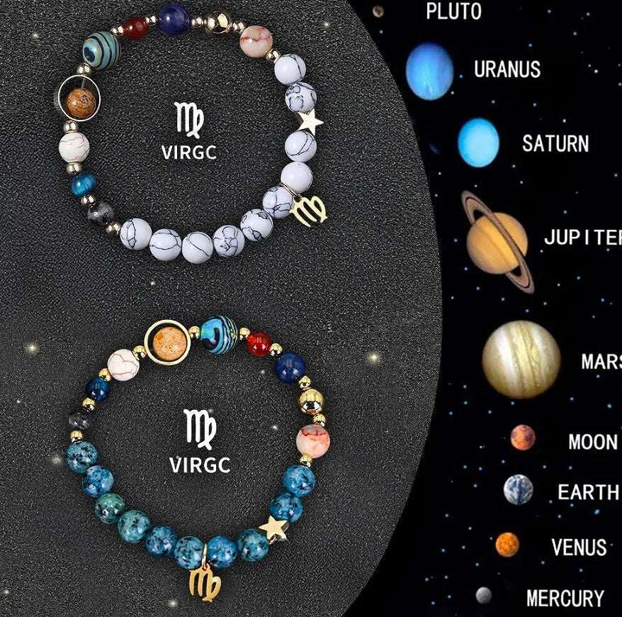 Two natural stone beaded bracelets with zodiac signs on adjustable strings