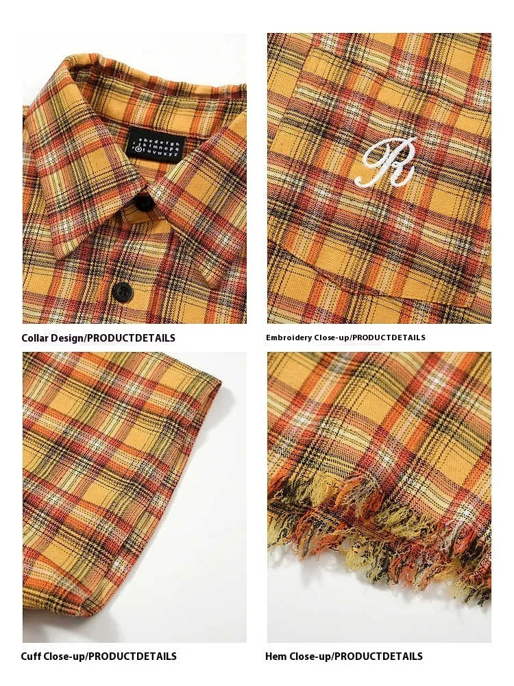 Yellow grid plaid shirt with American embroidery pocket detail and short sleeves