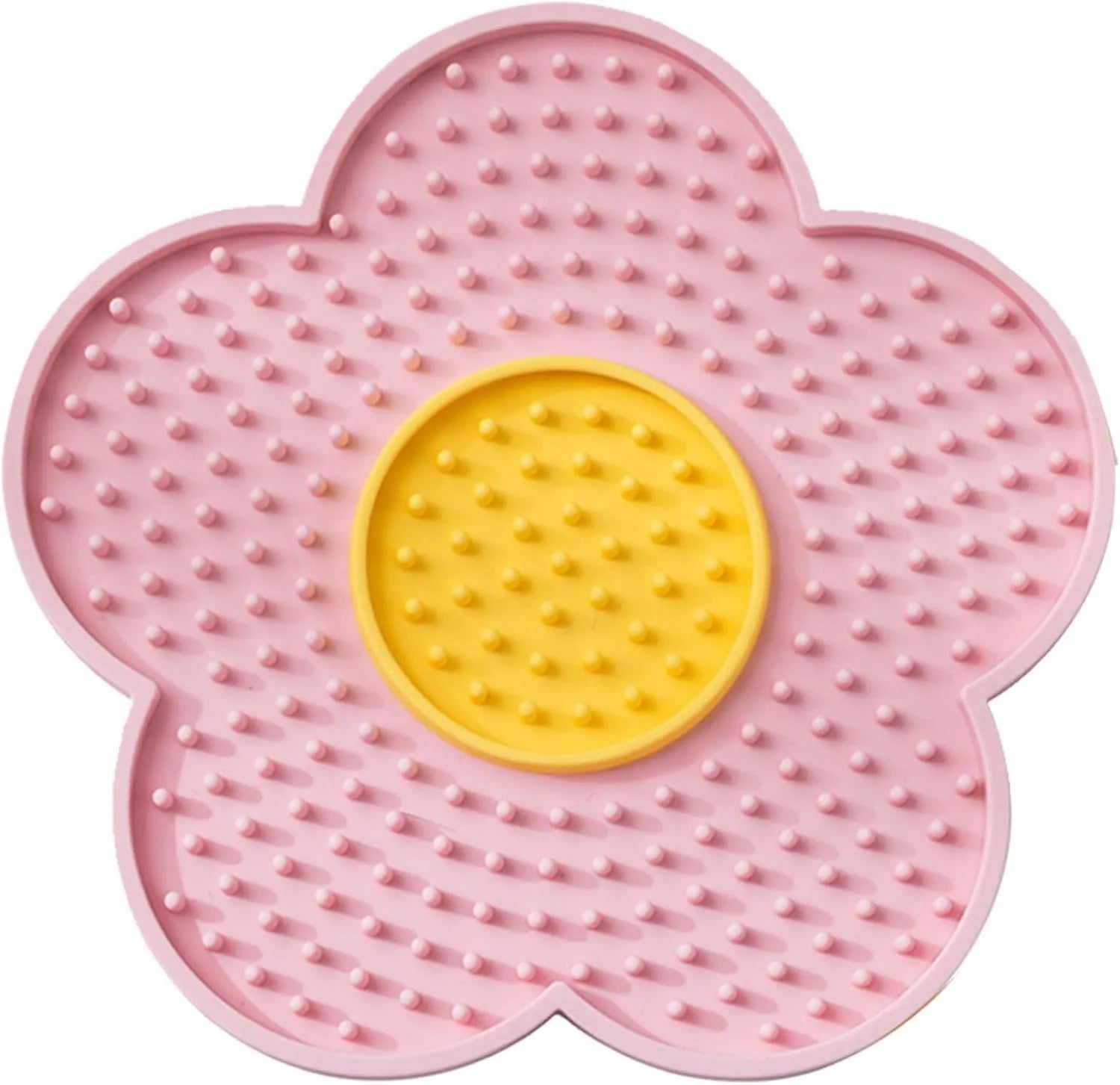 Flower-shaped silicone pet licking mat in blue with suction cups on the back, shown on a tiled surface.