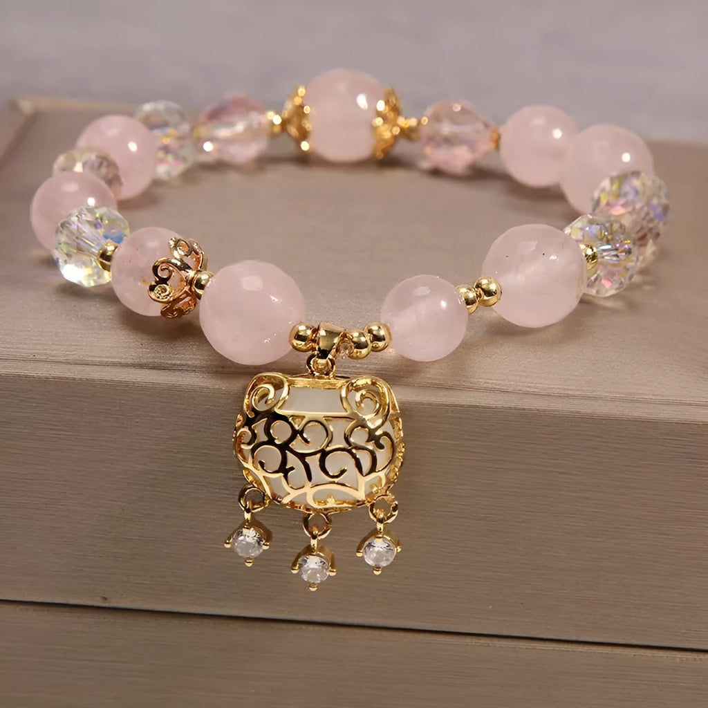 Yellow agate crystal bead bracelet with khaki silk cord and gold tone sliding closure.
