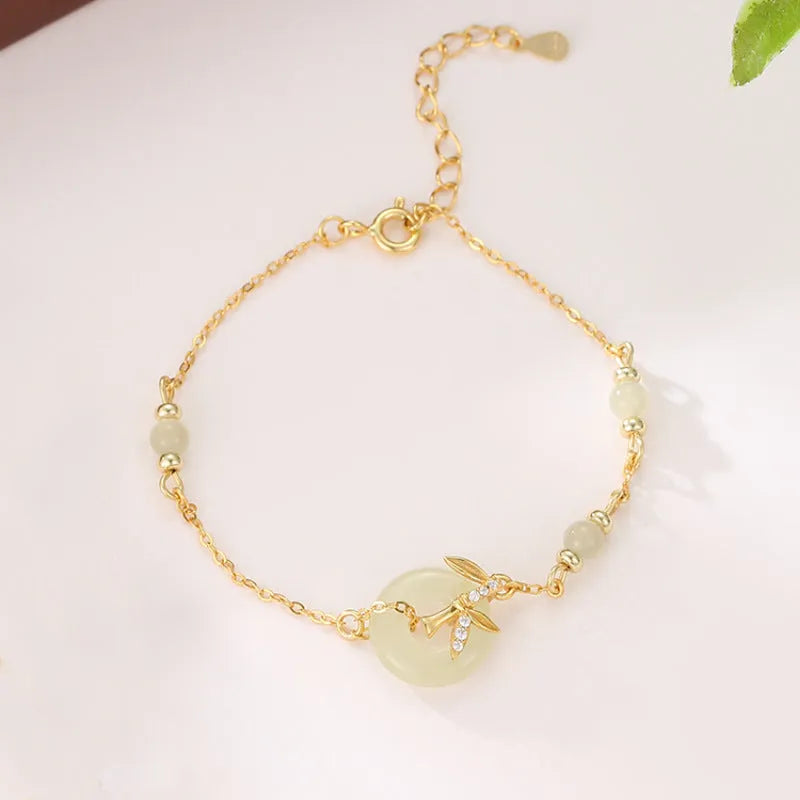 Women's antique style Hetian Jade bracelet with safety buckle in 925 silver