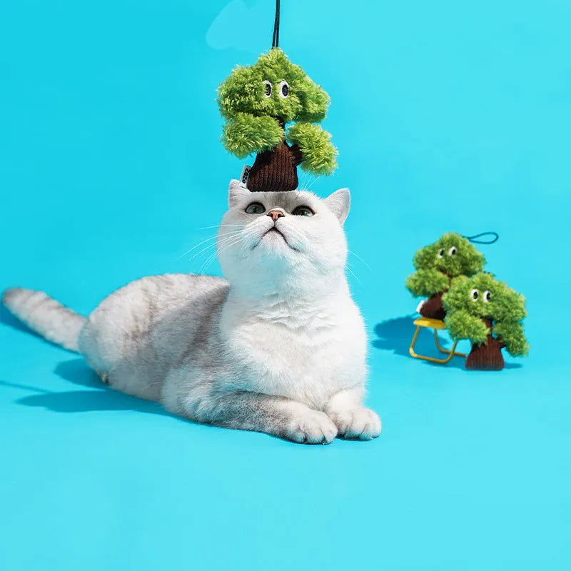 Pine tree shaped cat chew toy with feather attachment and catnip pouch in three size options