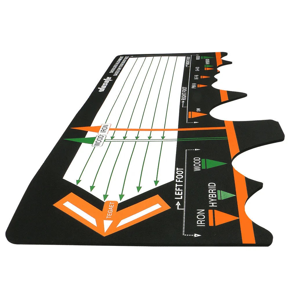 Black rectangular neoprene golf swing stance posture training pad on a green surface.