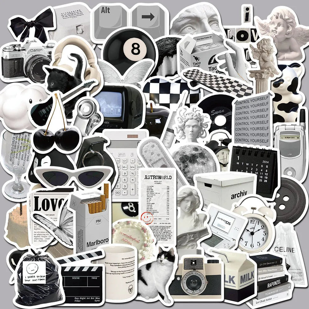 61-piece pack of black and white PVC waterproof decorative stickers for laptops and bottles.
