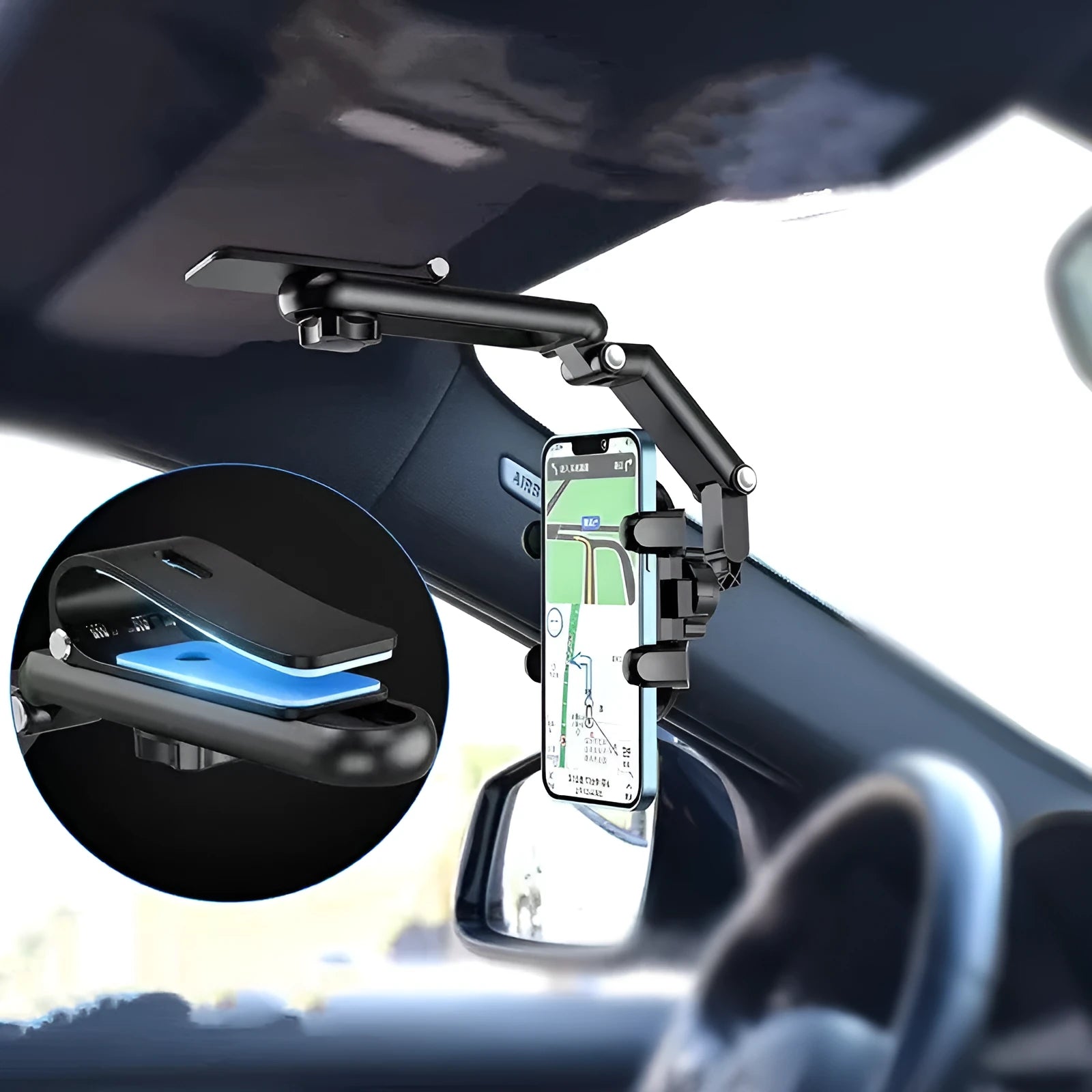 Black and green car mount sun visor rear seat phone holder with buckle clip