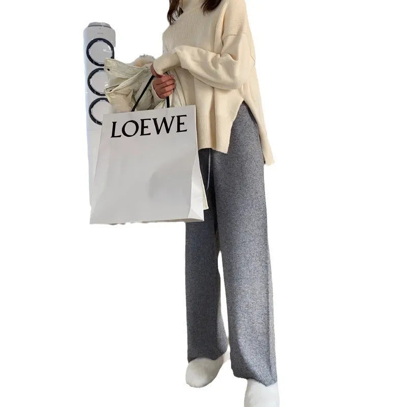 Women's knitted wide-leg trousers in cream white with high waist and straight-leg cut