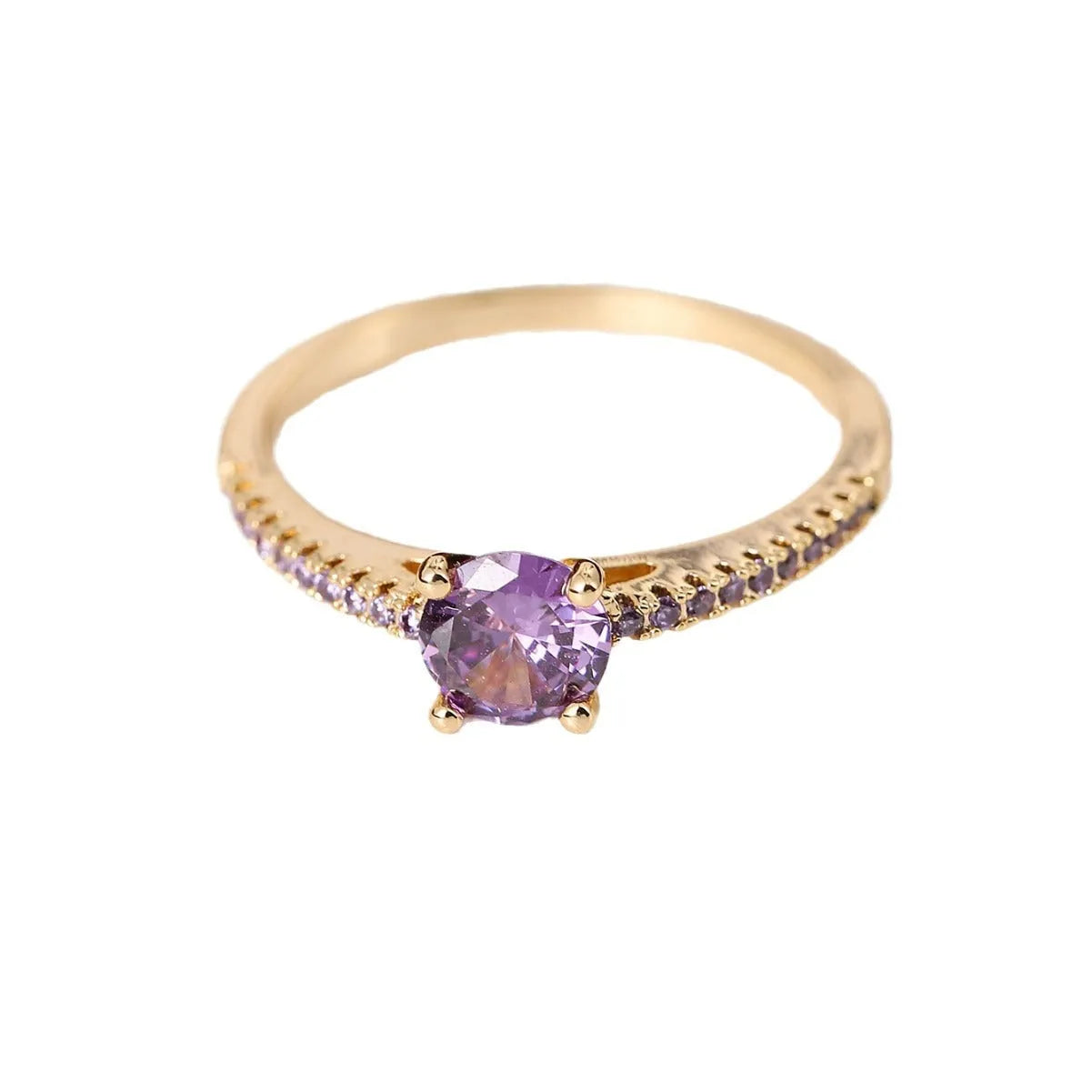 Geometric hexagon copper ring with zircon crystals in gold rose red finish