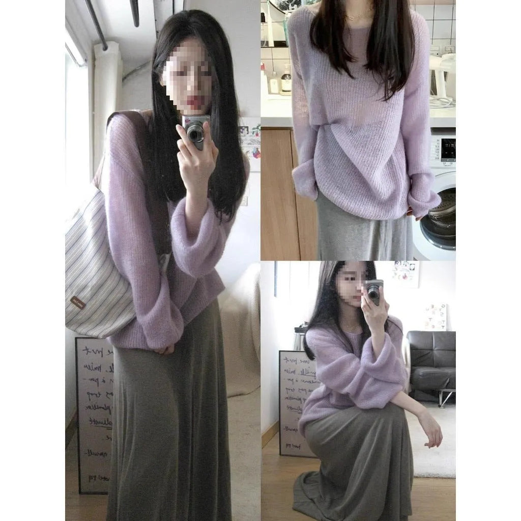 Purple women's blouse with hollow out design, Princess sleeves, and a shoulder strap, made from lightweight Ice Silk fabric.