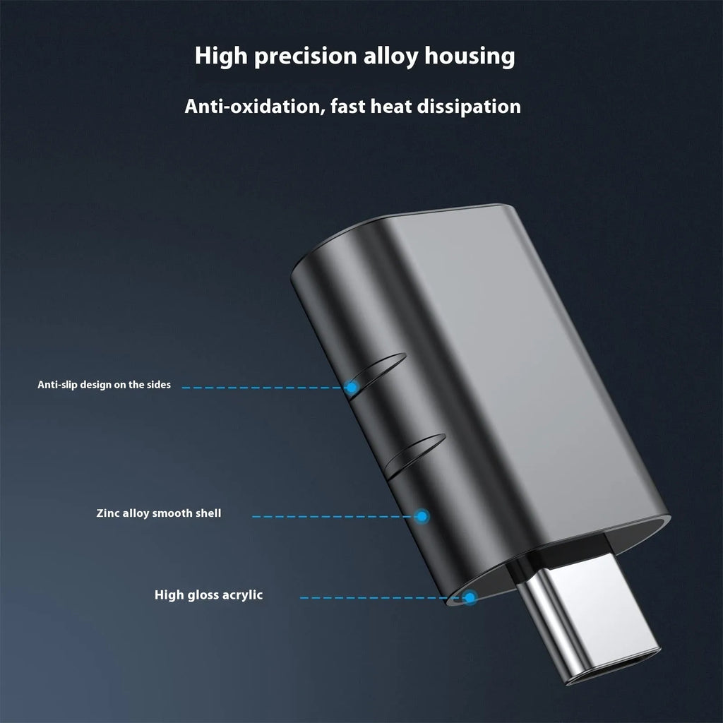 USB-C to USB-A adapter converter in metallic finish with zinc alloy shell