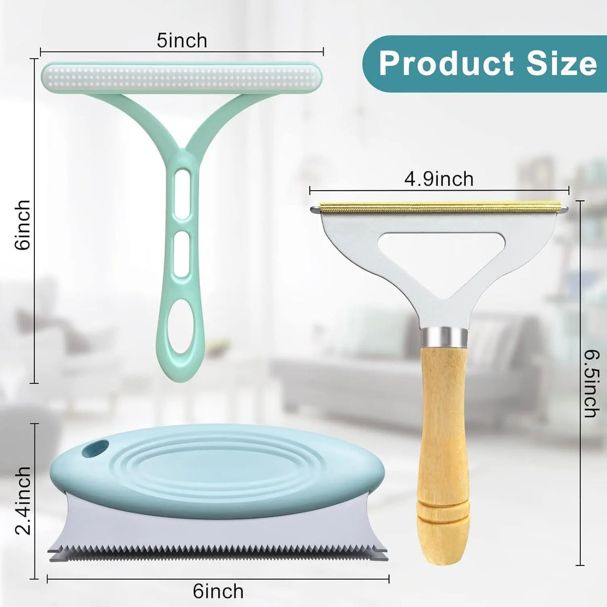 Three reusable pet hair removal tools: a metal lint shaver, a silicone brush, and a round scraper for sofas and cars.