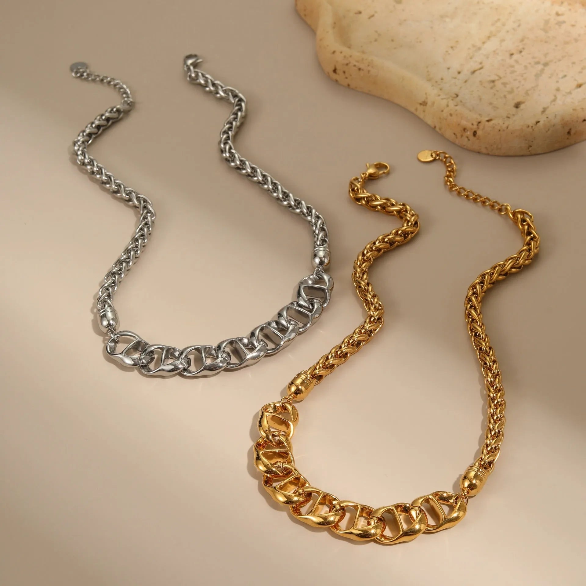 Gold plated stainless steel necklace with geometric pendant and regular chain for women