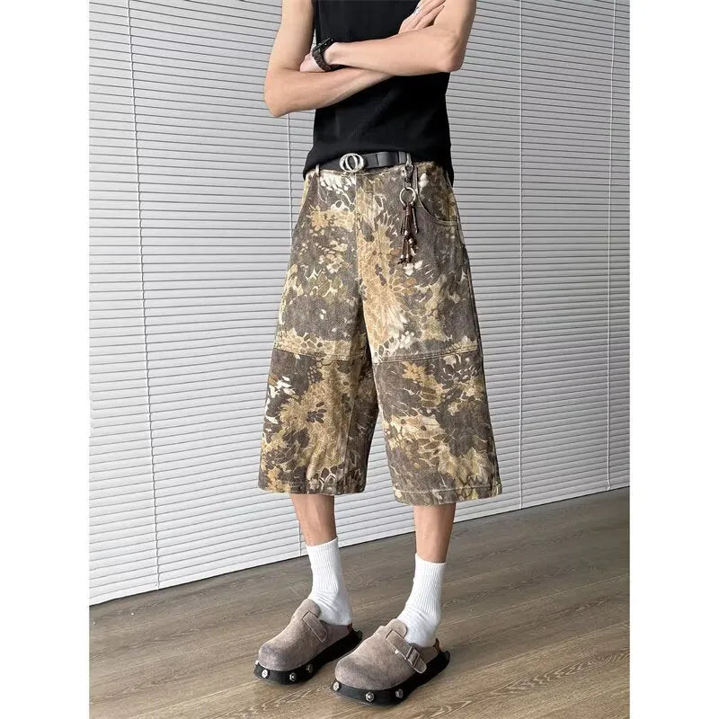 Men's bright yellow snake pattern camouflage jeans with cropped leg and tooling detail