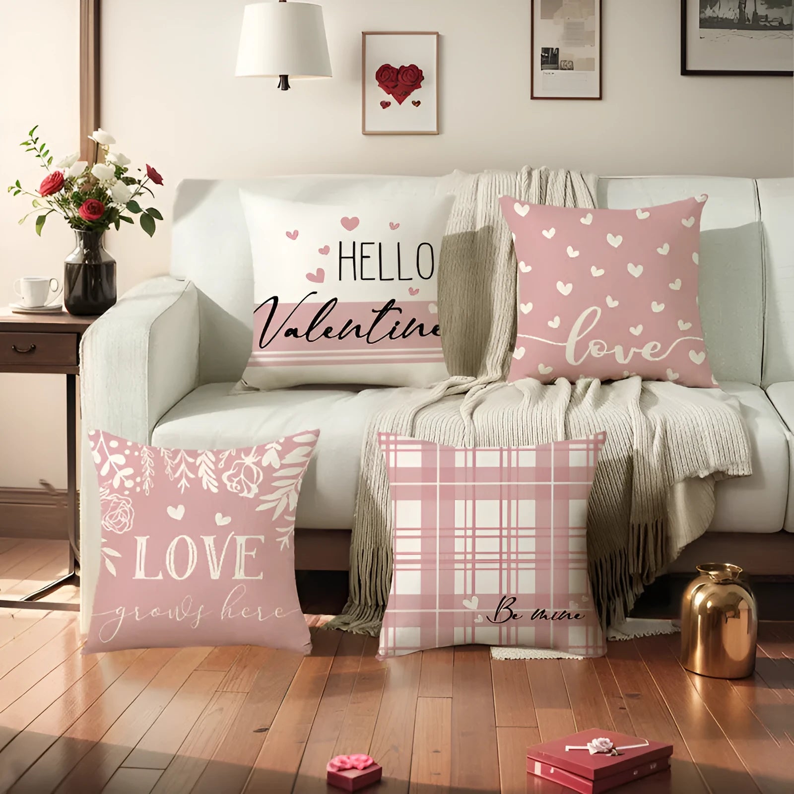 Red and white plaid heart patterned pillow cover for Valentine's Day decoration.