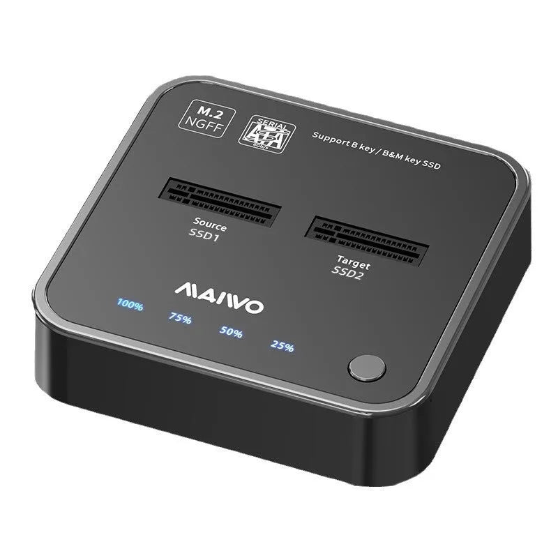 MAIWO K3016 M.2 SSD hard disk docking station with data cables and power adapter on a table.
