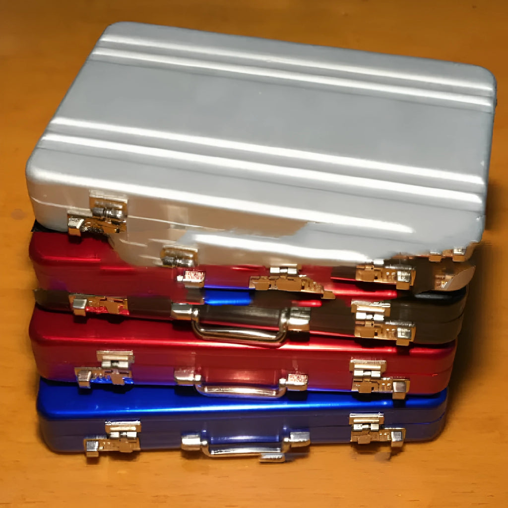 Aluminium alloy card holder in six colour options showing red, blue, black, silver, pink, and gold finishes