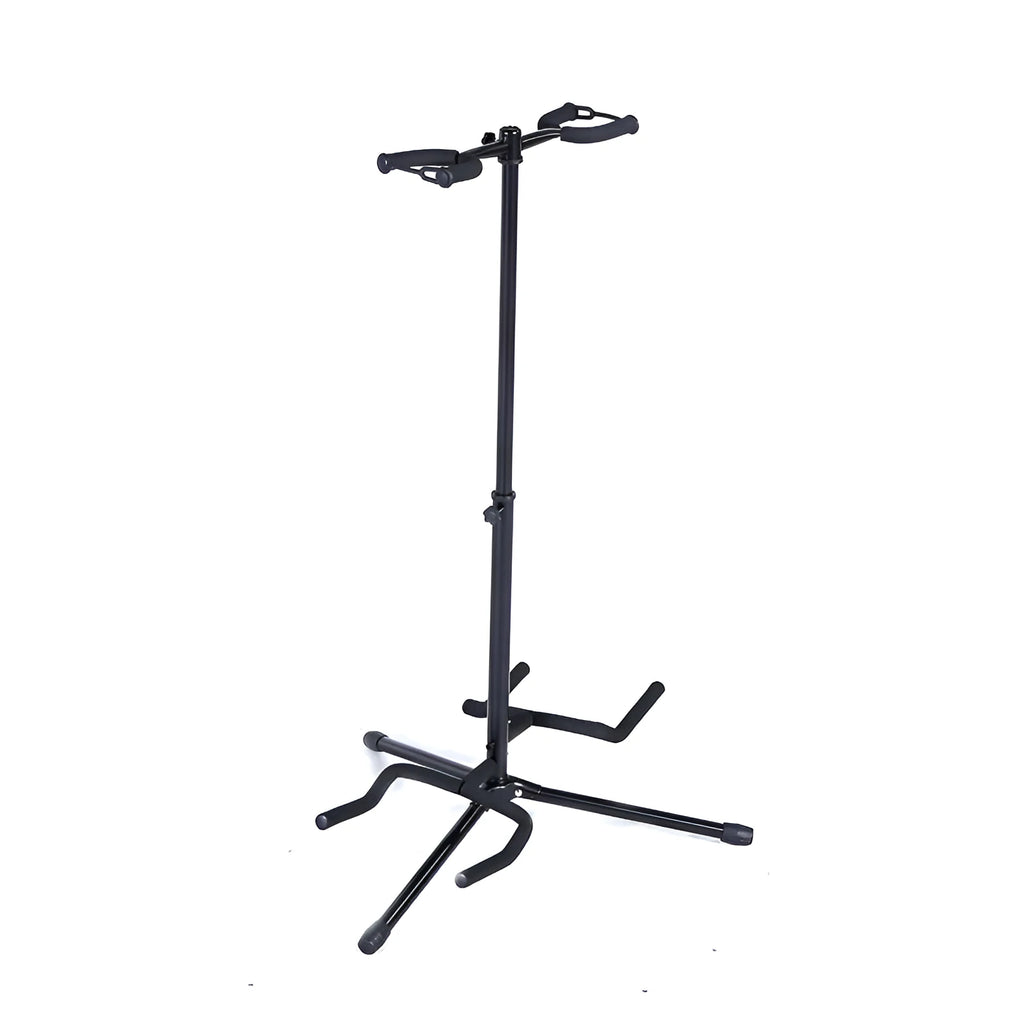 Vertical black iron guitar stand with two adjustable heads for western string instruments