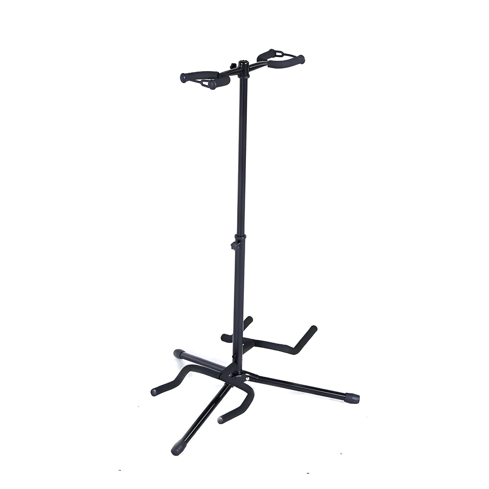 Vertical black iron guitar stand with two adjustable heads for western string instruments