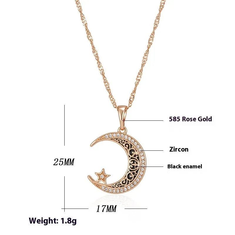 Rose gold star and moon pendant necklace with zircon stone on an adjustable water wave chain.