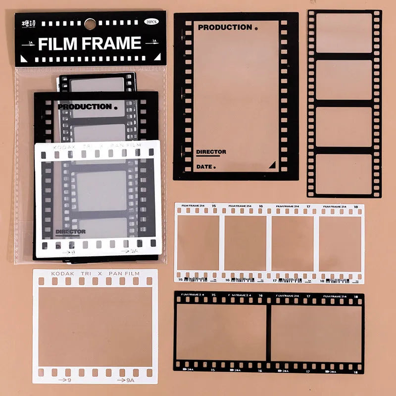 Retro film journal decorative sticker set with 15 transparent sheets showing photography, film, magazine, music, and social frame designs