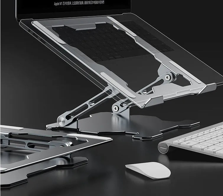 Grey aluminium adjustable laptop stand folded and unfolded on a wooden desk