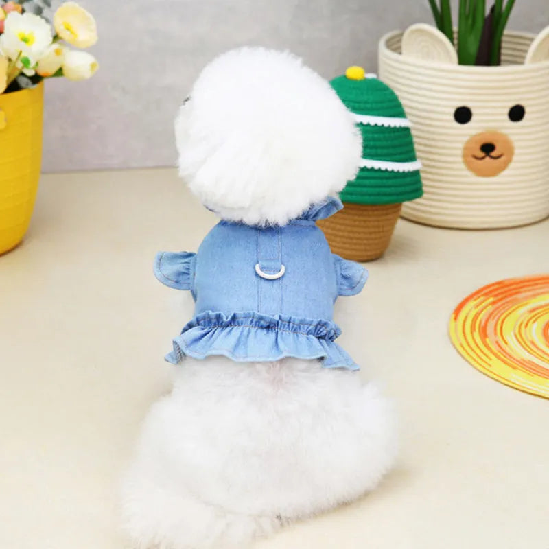 Denim pet dress with ruffles vest design and leash hooks for dogs and cats in blue
