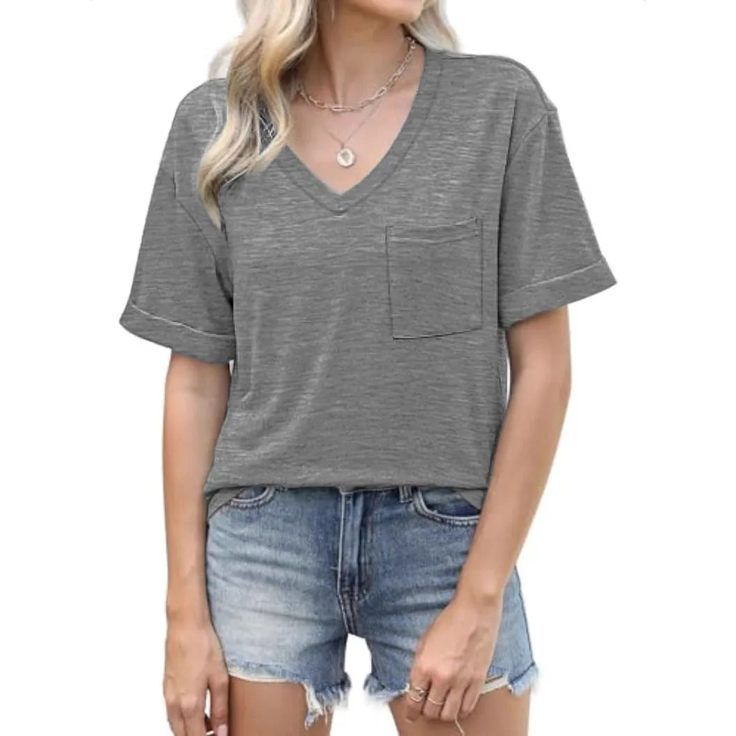 Grey men's loose V-neck t-shirt with a chest pocket on a solid background.