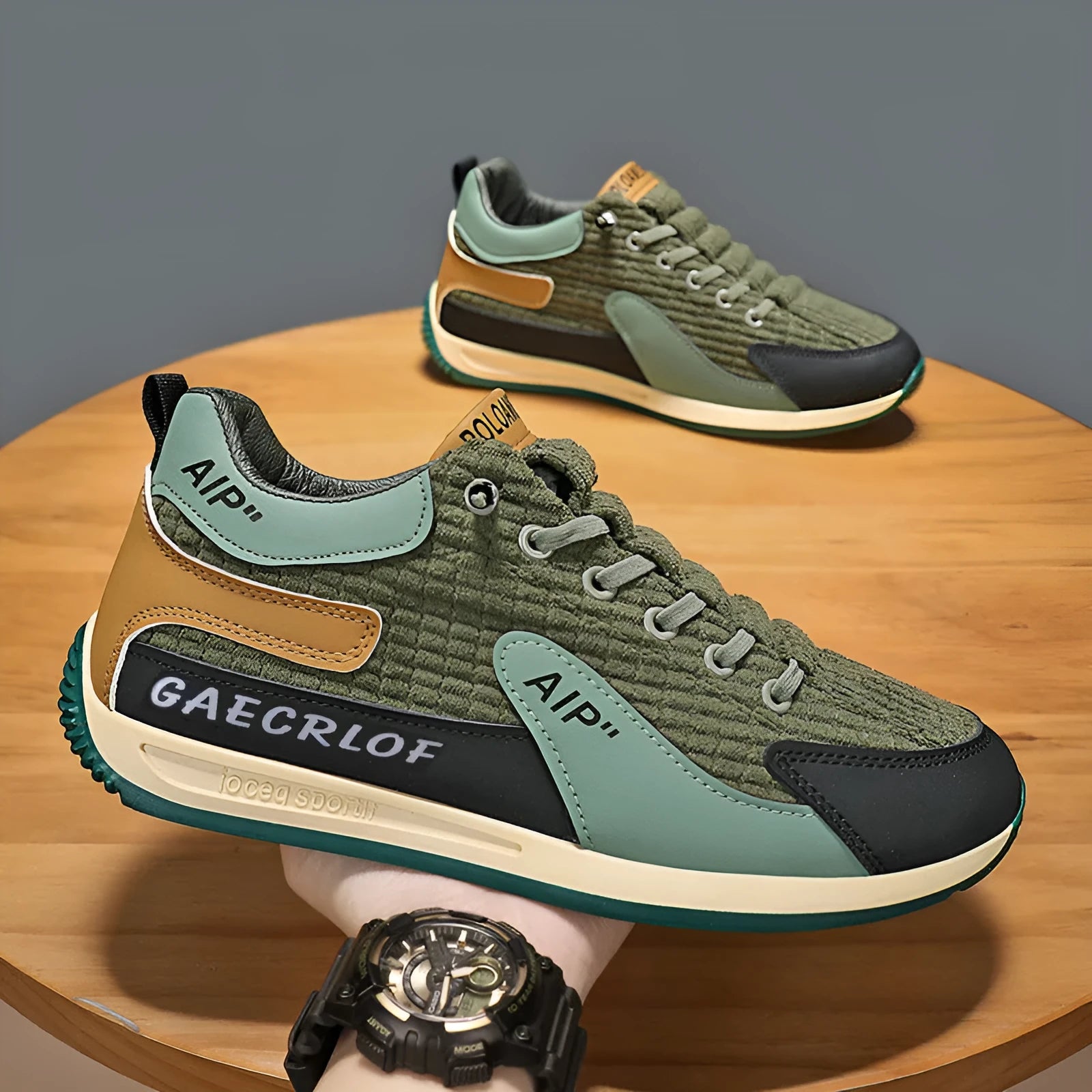 Men's low-top green and grey mesh running shoes with lace-up front.
