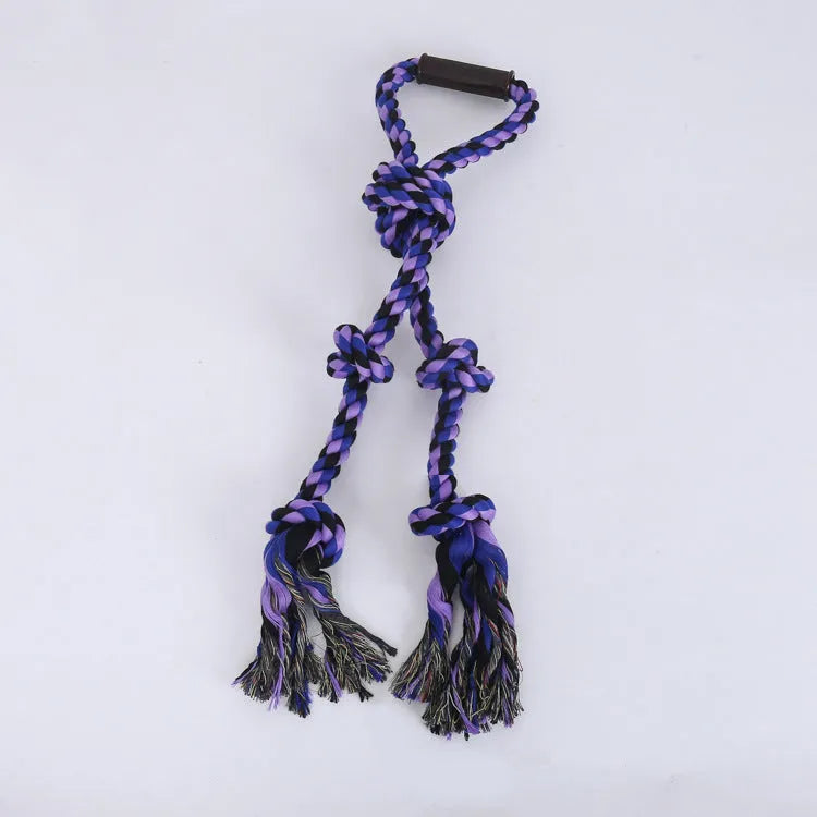 Blue and yellow cotton rope dog toy with a handle for tug-of-war
