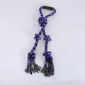 Blue and yellow cotton rope dog toy with a handle for tug-of-war