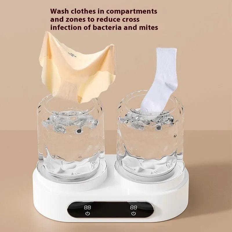 White double bucket mini underwear washing machine with USB power port and mechanical timer