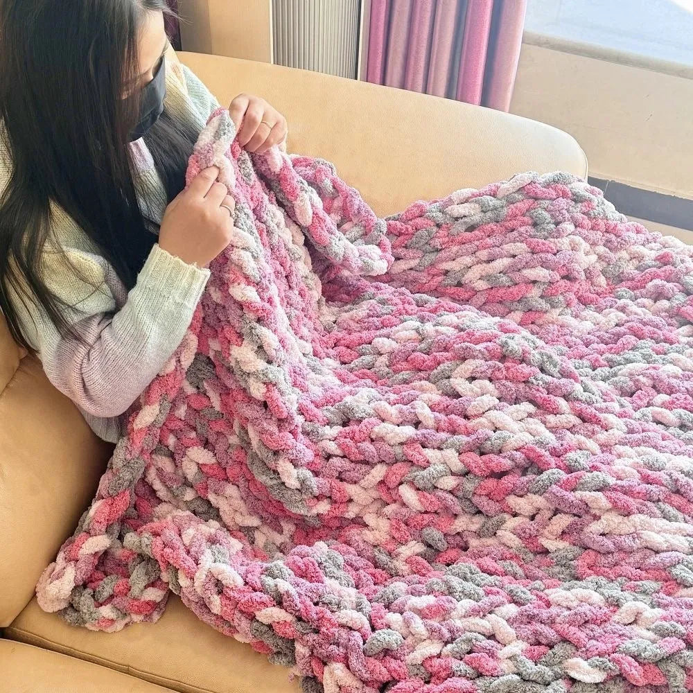 Coarse yarn chenille knitted blanket with braided gravity edge in modern simplicity style